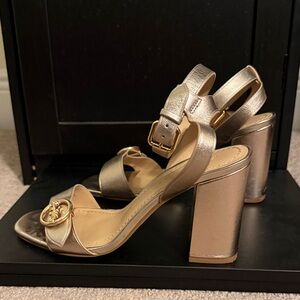 Coach Rose Gold Block Heel Sandals with Logo Medallion